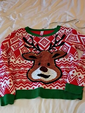 No Boundaries Red Reindeer Sweater with Green Trim